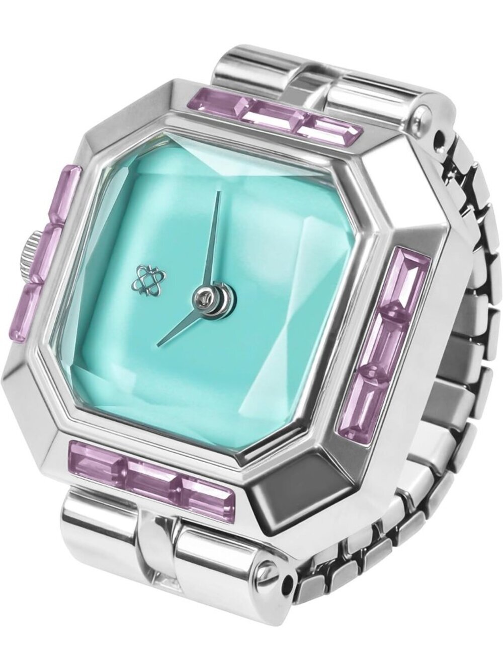 Unisex Silver Blue Analog Quartz Gem Cut Lab Grown Sofia Prism Finger Ring Watch